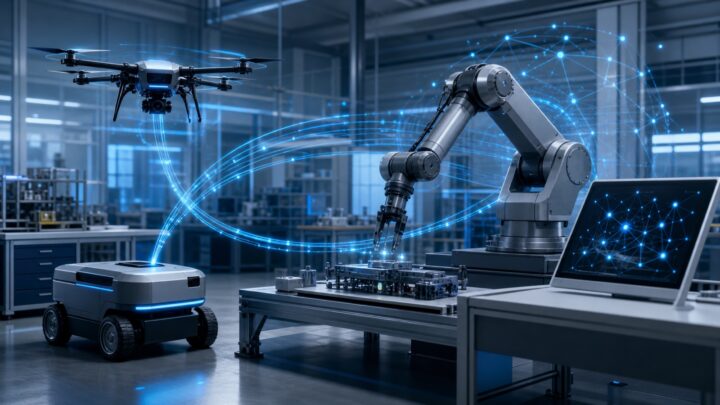 Plusieurs robots de laboratoire reliés par des flux de données dans un atelier