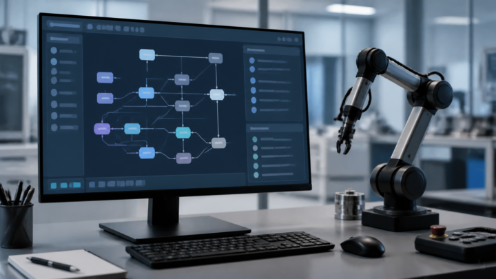 Interface de diagnostic ROS 2 près d’un bras robotique de laboratoire