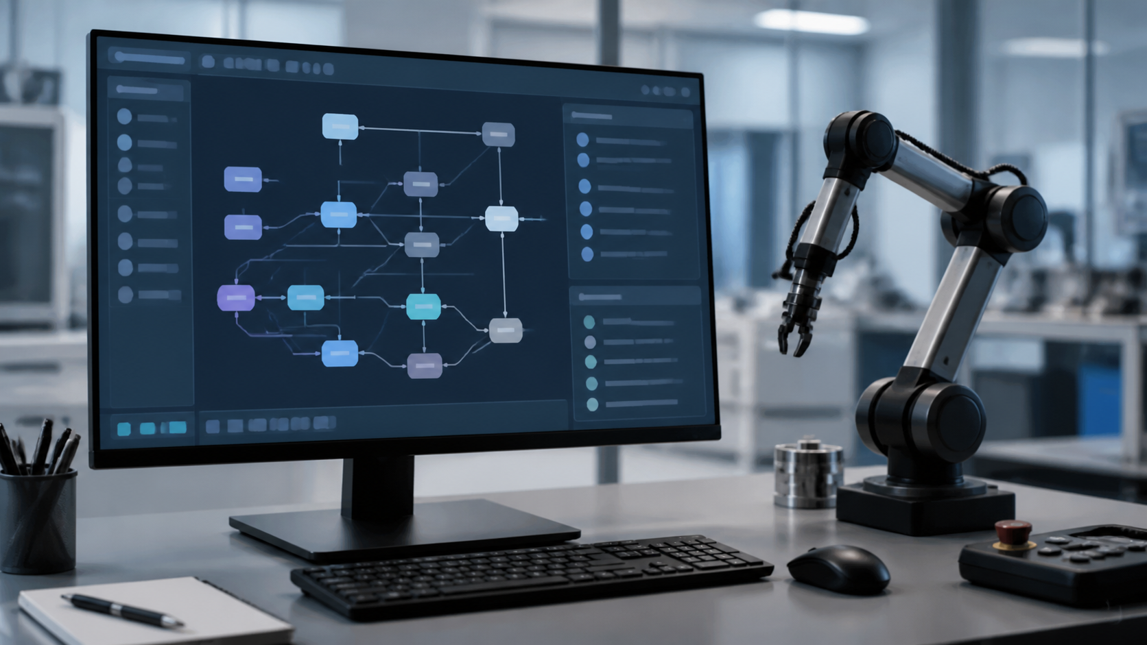 Interface de diagnostic ROS 2 près d’un bras robotique de laboratoire