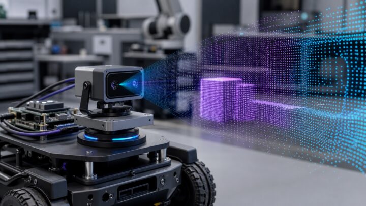 Module lidar sur un robot mobile visualisant un nuage de points de profondeur