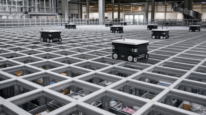 Robots mobiles circulant sur une grille de stockage automatisé en entrepôt