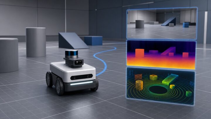 Illustration d’un robot mobile avec ses vues caméra, profondeur et lidar