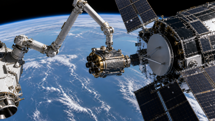 Bras robotisés positionnant un module de service près d’un satellite en orbite