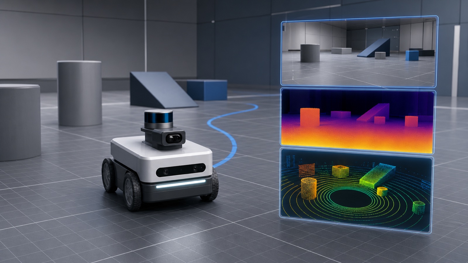 Illustration d’un robot mobile avec ses vues caméra, profondeur et lidar