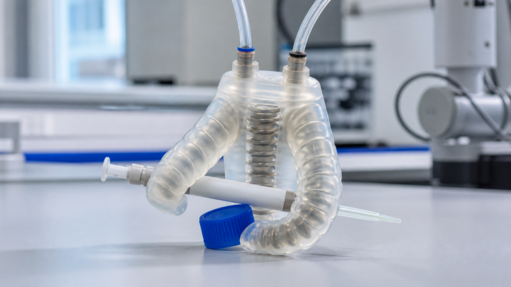 Prototype illustré de main robotique souple avec ressort central et tubes pneumatiques