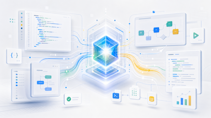 Illustration abstraite d'un modèle IA coordonnant du code, des documents et des workflows agentiques