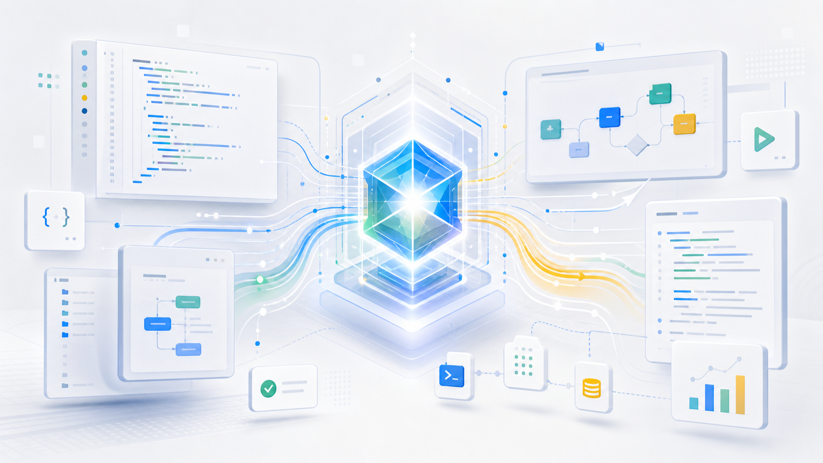 Illustration abstraite d'un modèle IA coordonnant du code, des documents et des workflows agentiques