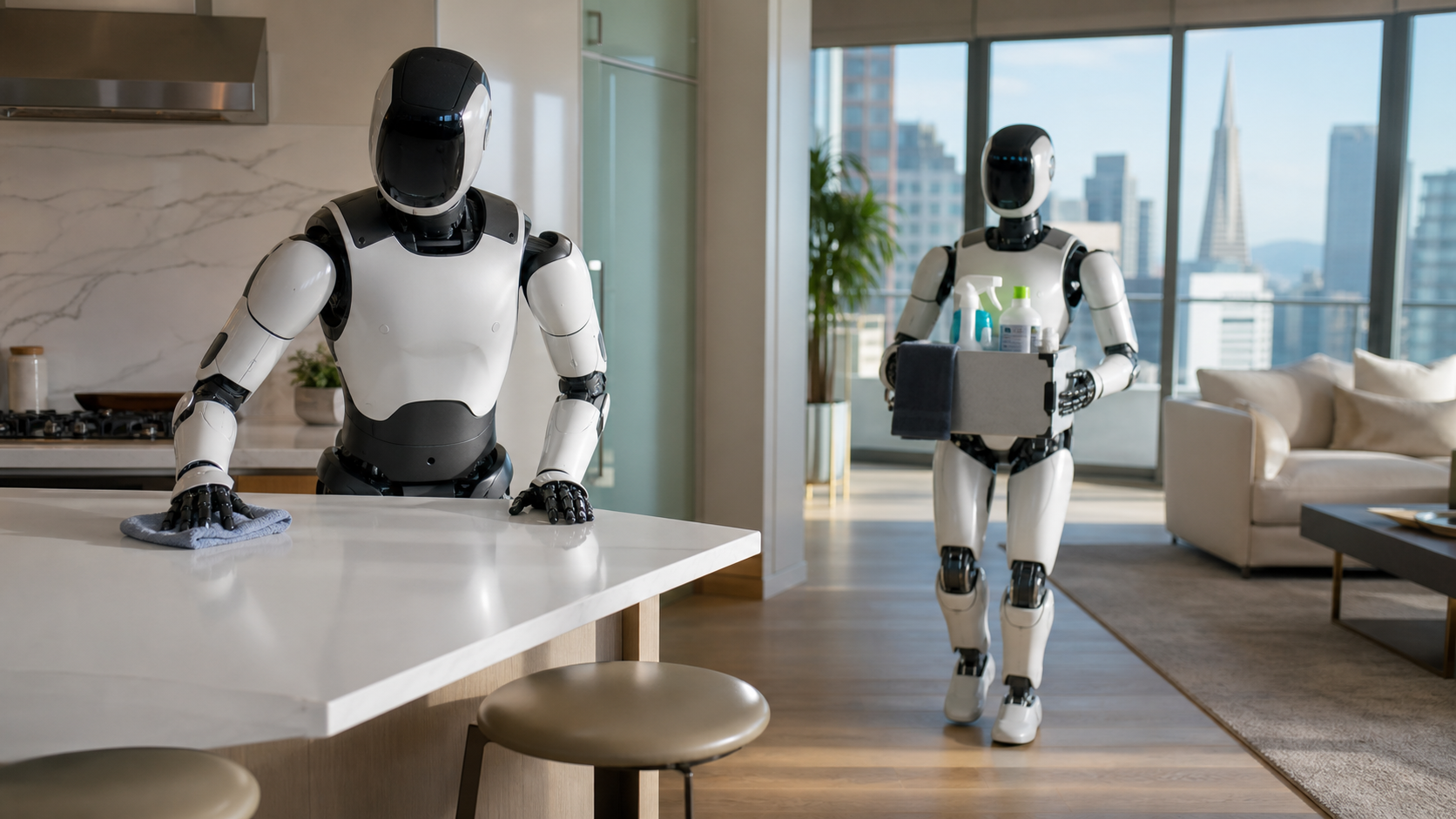 Deux robots humanoïdes génériques nettoient un appartement moderne à San Francisco