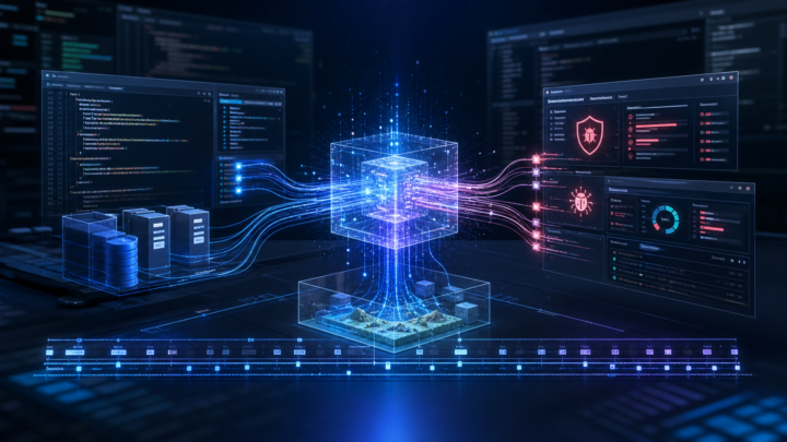 Illustration technique d'un agent IA reliant du code, des tests et des panneaux de sécurité