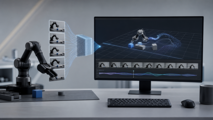 Bras robotique et simulation vidéo sur un poste de recherche en intelligence artificielle