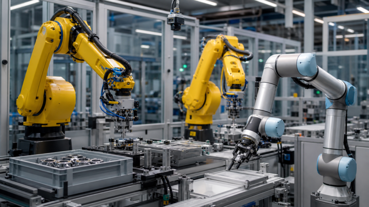 Cellule industrielle avec plusieurs bras robots coordonnés par vision