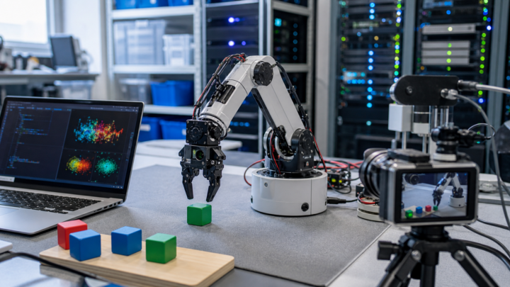 Bras robot de laboratoire filmé pour enregistrer des démonstrations