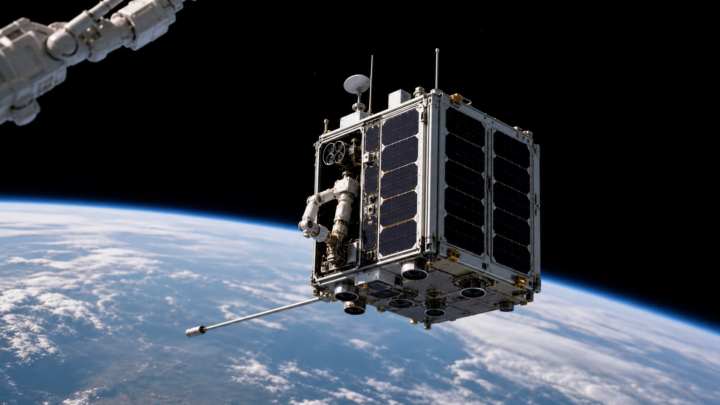Illustration d’un satellite compact en orbite basse avec des éléments de robotique spatiale