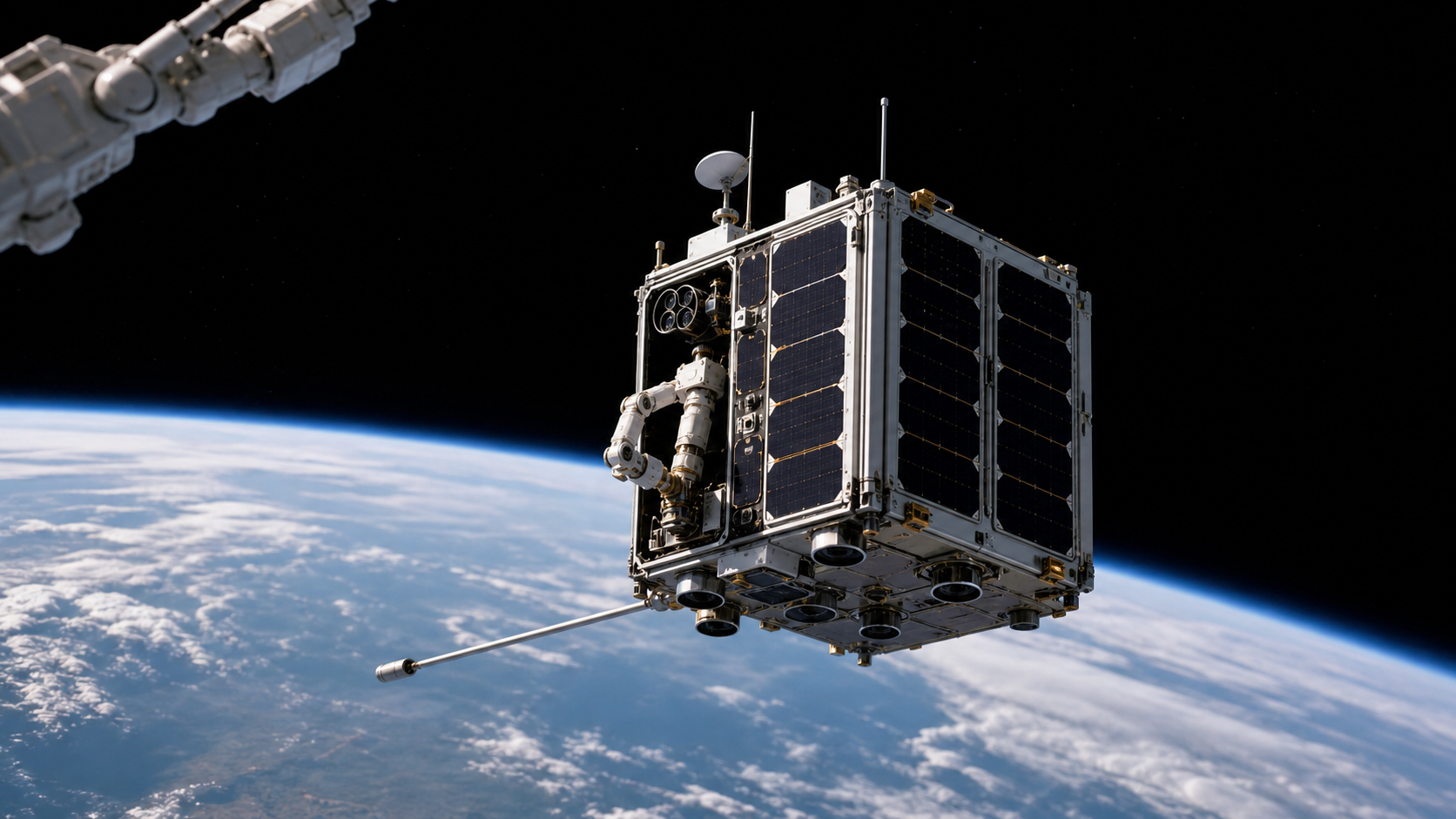 Illustration d’un satellite compact en orbite basse avec des éléments de robotique spatiale