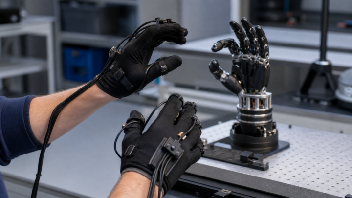 Mains portant des gants haptiques devant une main robotique en laboratoire