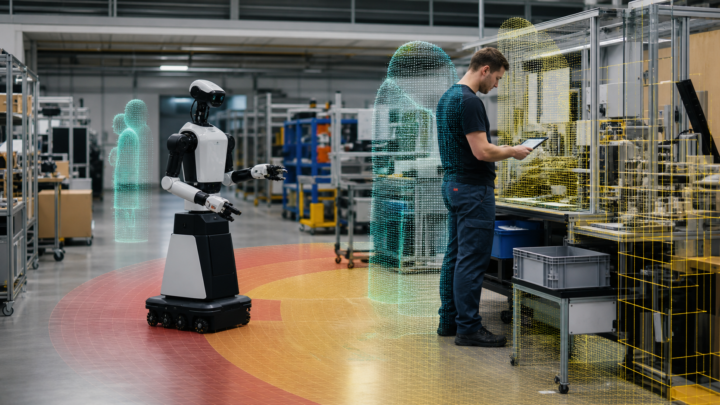 Robot collaboratif observant un opérateur dans un atelier avec une carte de perception 3D