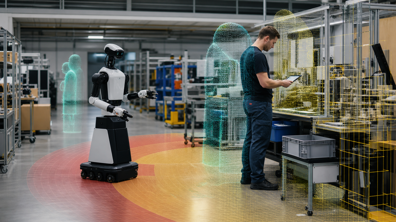 Robot collaboratif observant un opérateur dans un atelier avec une carte de perception 3D
