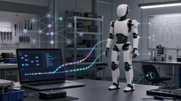 Illustration éditoriale d’un humanoïde générique piloté par une pile de contrôle robotique