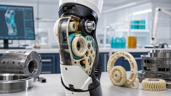 Illustration éditoriale d’une articulation de robot humanoïde avec engrenages plastiques légers