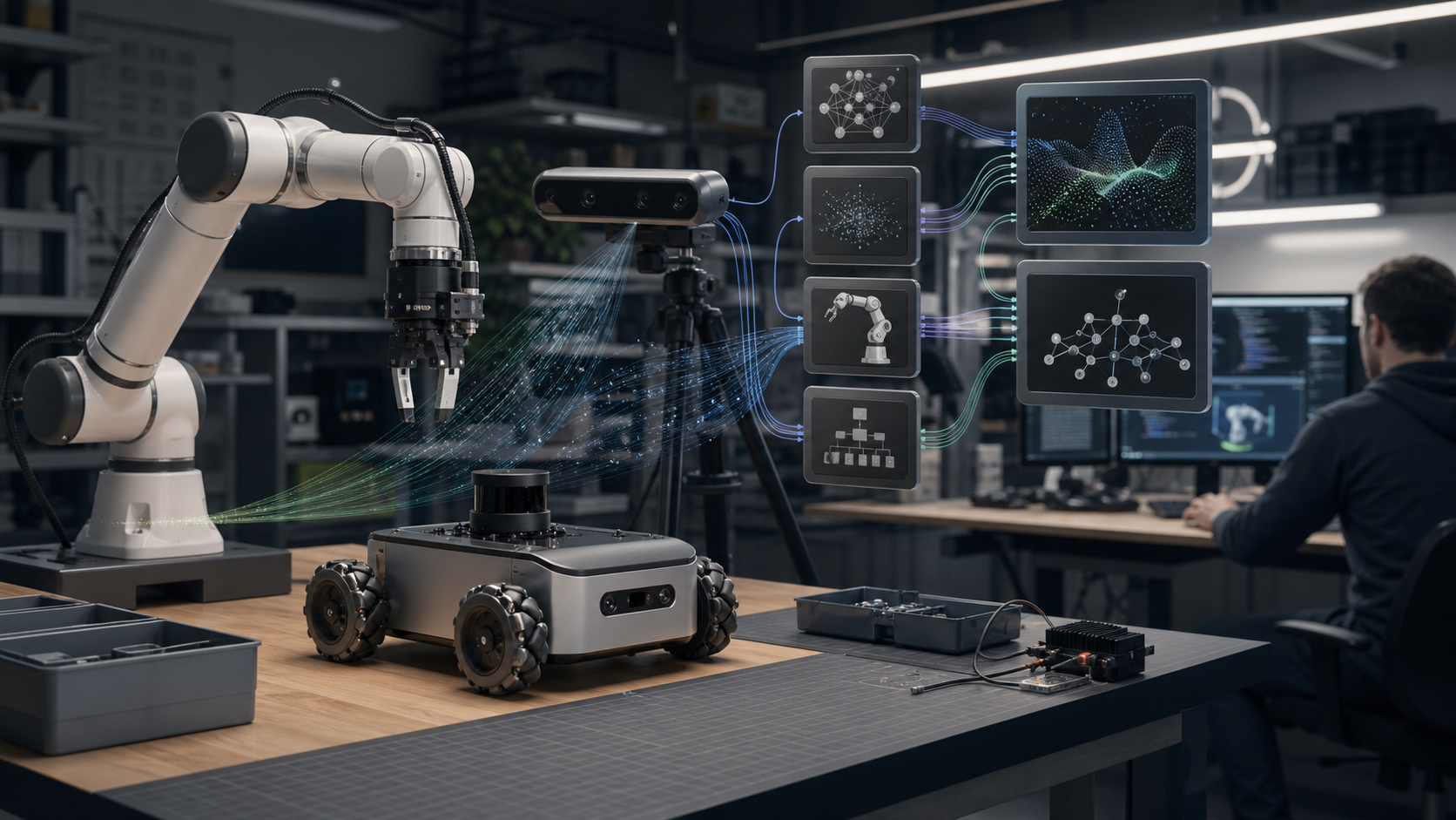 Illustration éditoriale d’un laboratoire robotique connecté à des flux de données Physical AI