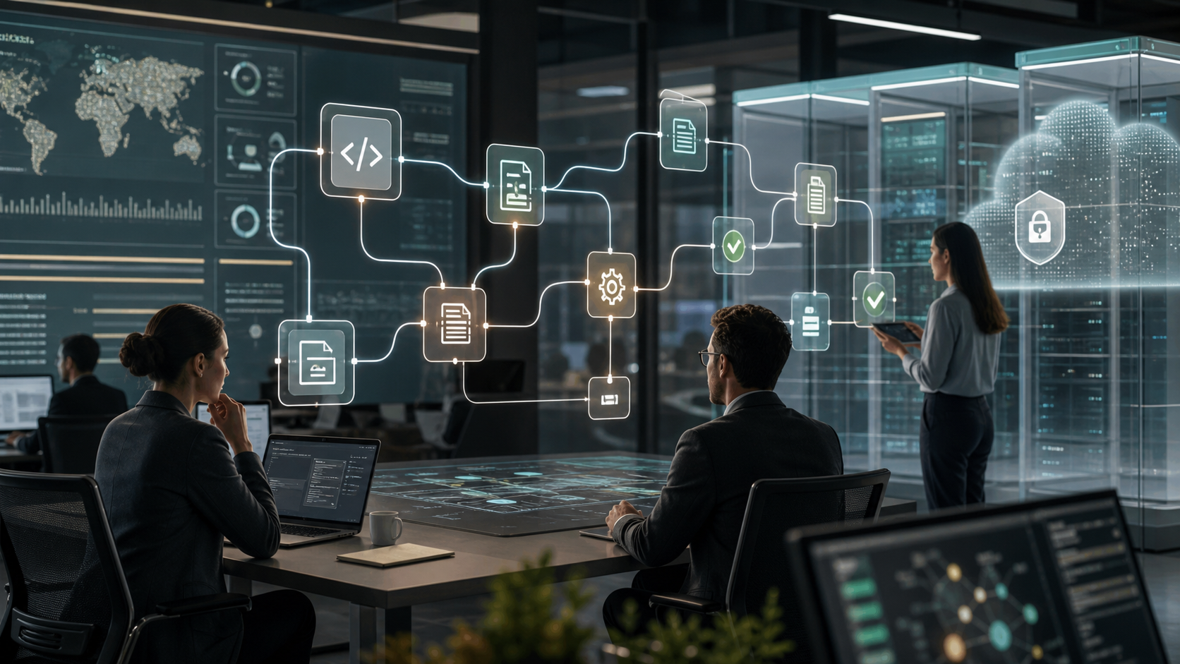 Illustration éditoriale de workflows d’agents IA en entreprise dans une salle d’opérations cloud