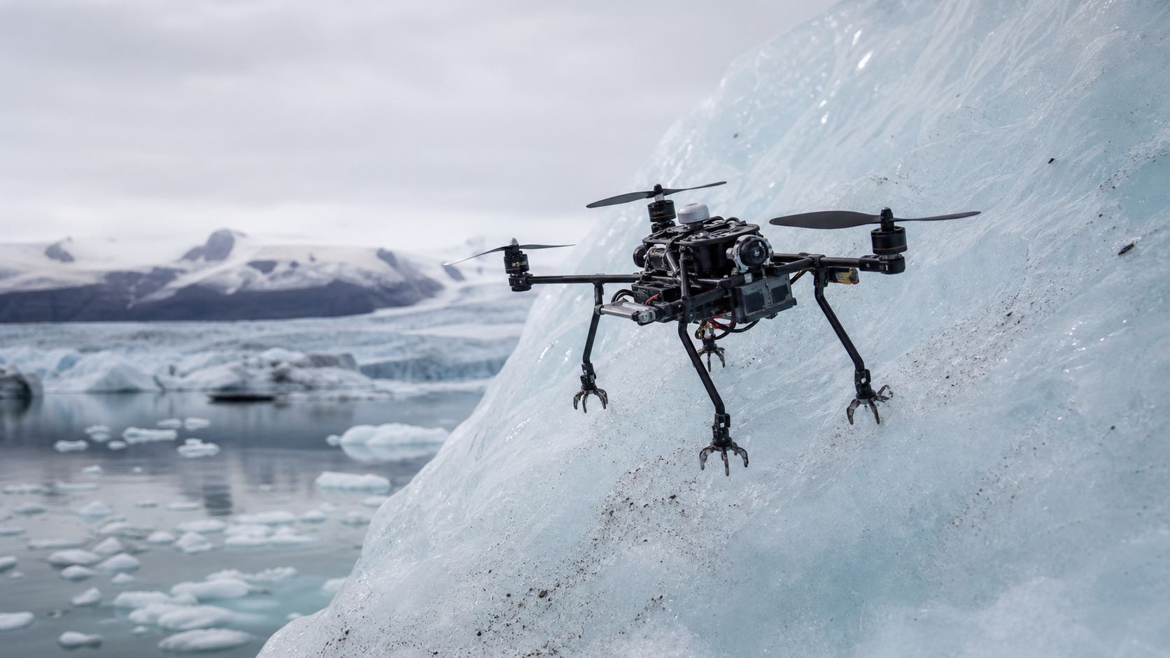 Illustration d’un drone de recherche accroché à une paroi d’iceberg inclinée