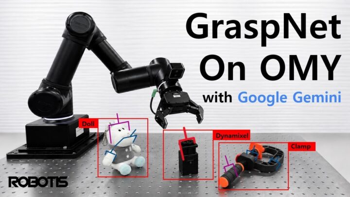 Le bras robotique OMY de ROBOTIS devant plusieurs objets pendant la démonstration GraspNet et Gemini