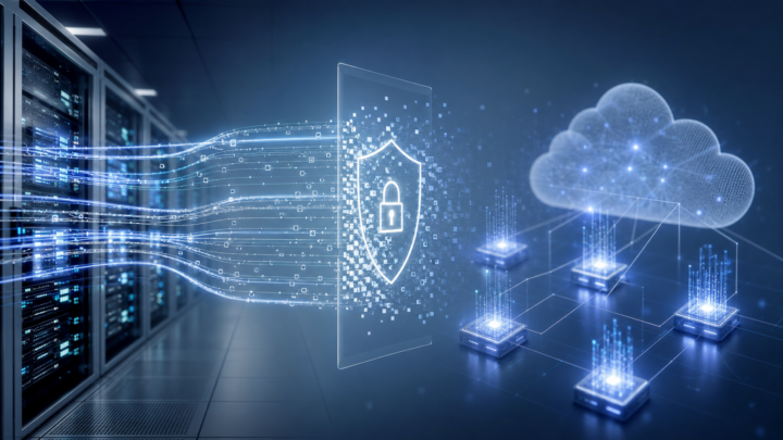 Illustration de données chiffrées traversant une couche de protection vers un nuage informatique