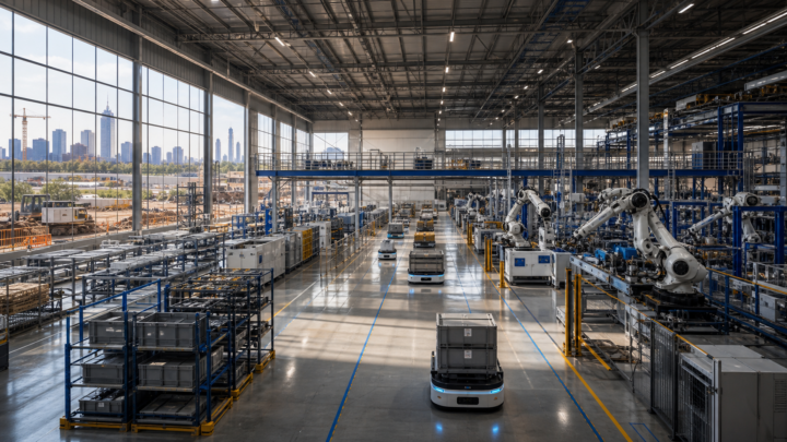 Illustration d’une usine robotique moderne avec bras industriels et robots mobiles