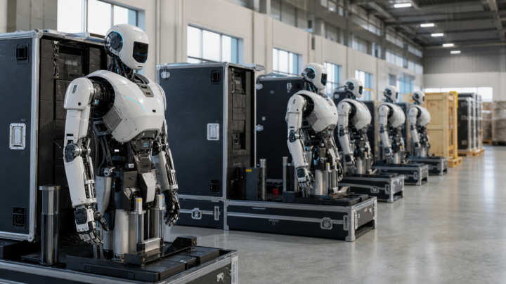 Illustration de robots humanoïdes alignés devant leurs caisses de transport