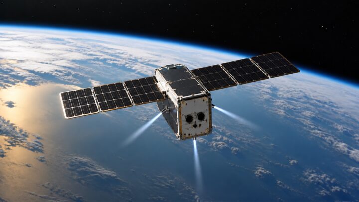 Illustration d’un petit satellite de 16U en orbite basse au-dessus de la Terre