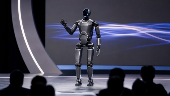 Illustration d’un robot humanoïde bipède présenté sur la scène d’un salon robotique
