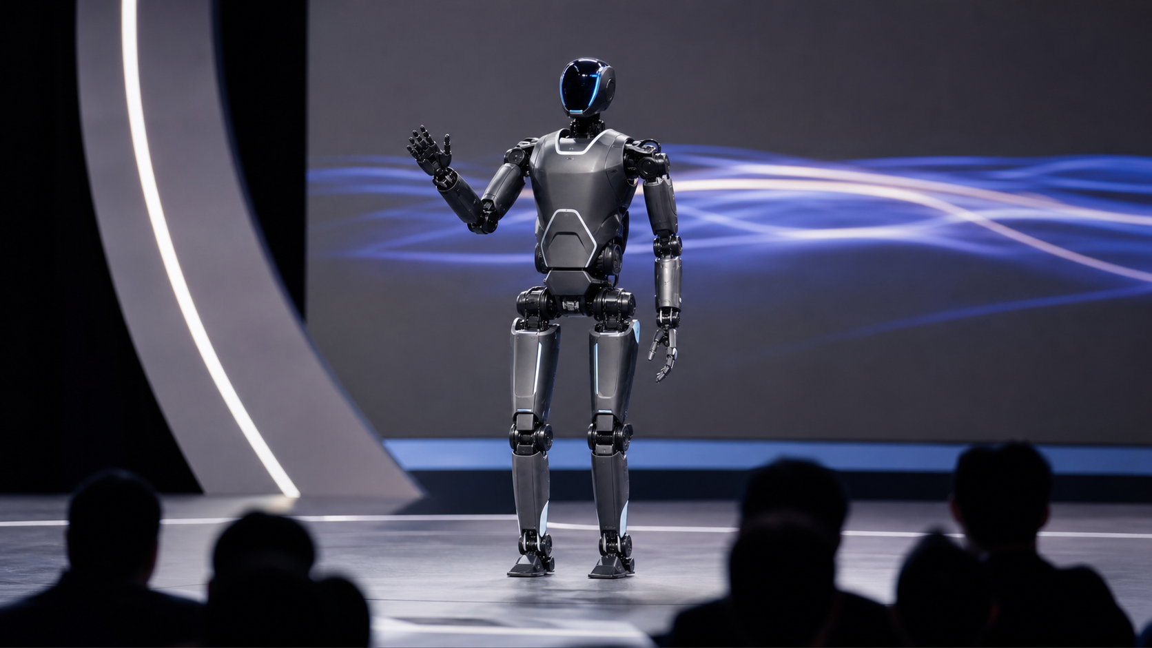 Illustration d’un robot humanoïde bipède présenté sur la scène d’un salon robotique