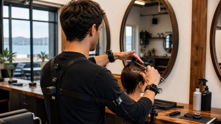 Illustration d’un barbier portant de petites caméras pour enregistrer ses gestes