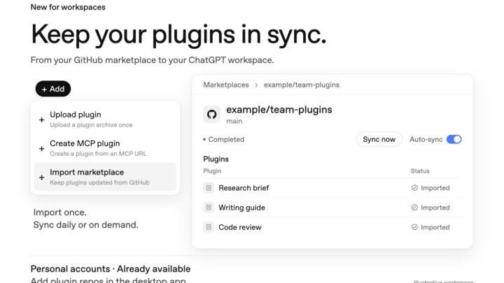 Interface ChatGPT montrant l’import et la synchronisation d’une marketplace de plugins GitHub