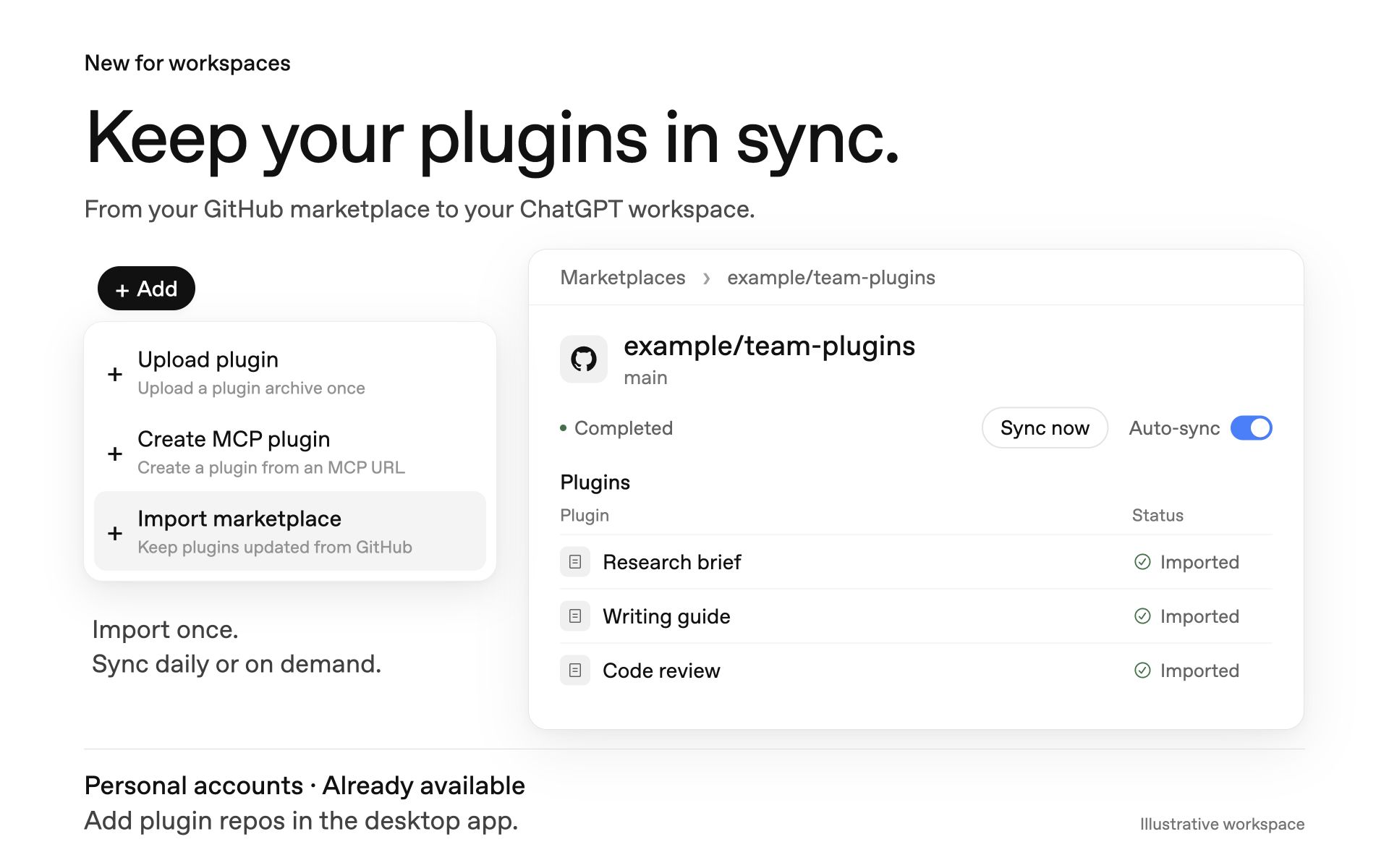 Interface ChatGPT montrant l’import et la synchronisation d’une marketplace de plugins GitHub