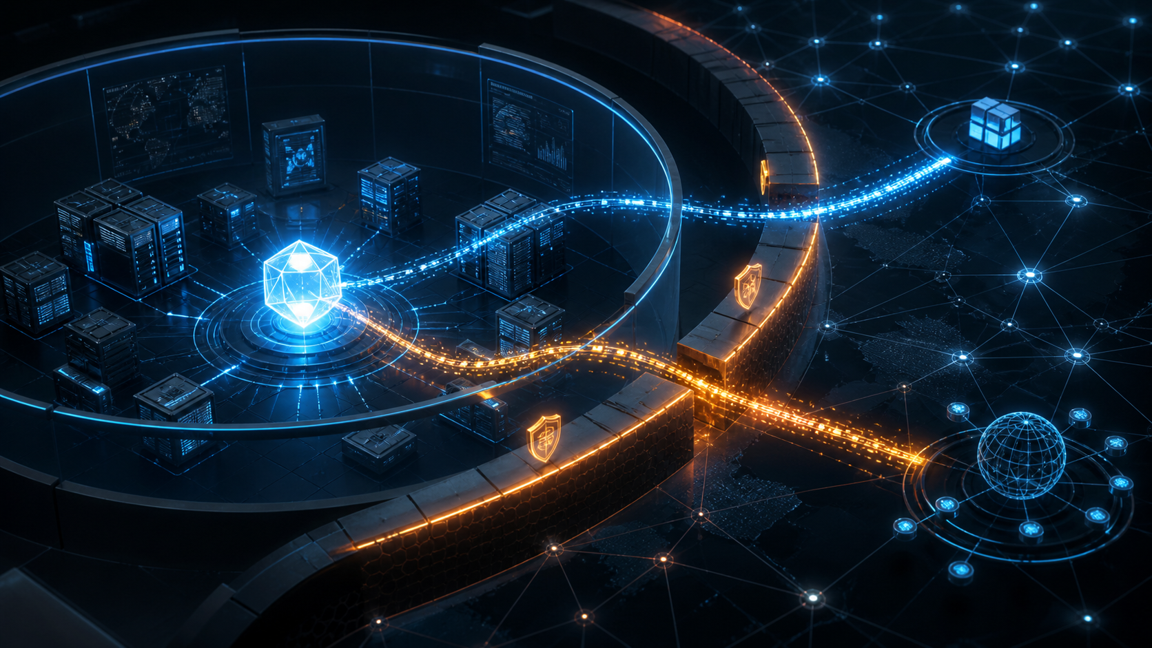 Illustration conceptuelle d’un agent IA franchissant la limite d’un environnement de cyberévaluation
