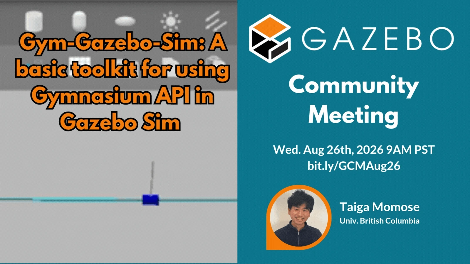 Visuel officiel de la réunion communautaire Gazebo sur Gym-Gazebo-Sim