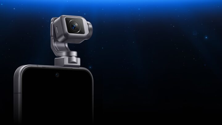 Illustration d’un smartphone doté d’une caméra robotisée orientable sur un stand technologique