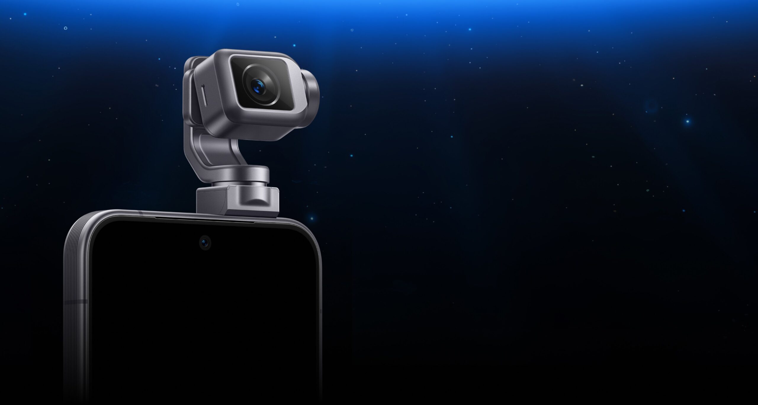 Illustration d’un smartphone doté d’une caméra robotisée orientable sur un stand technologique