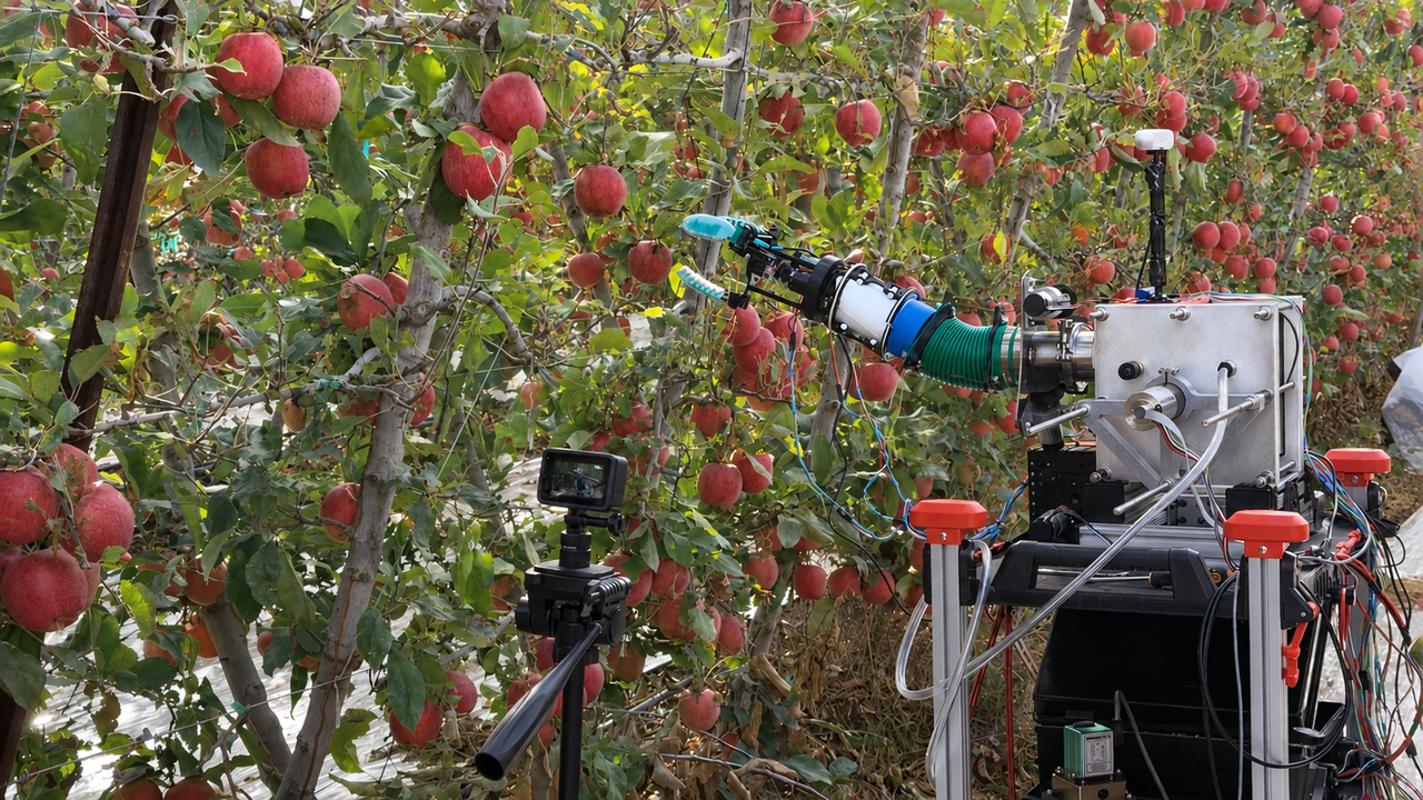 Prototype de robot agricole récoltant des pommes dans un verger