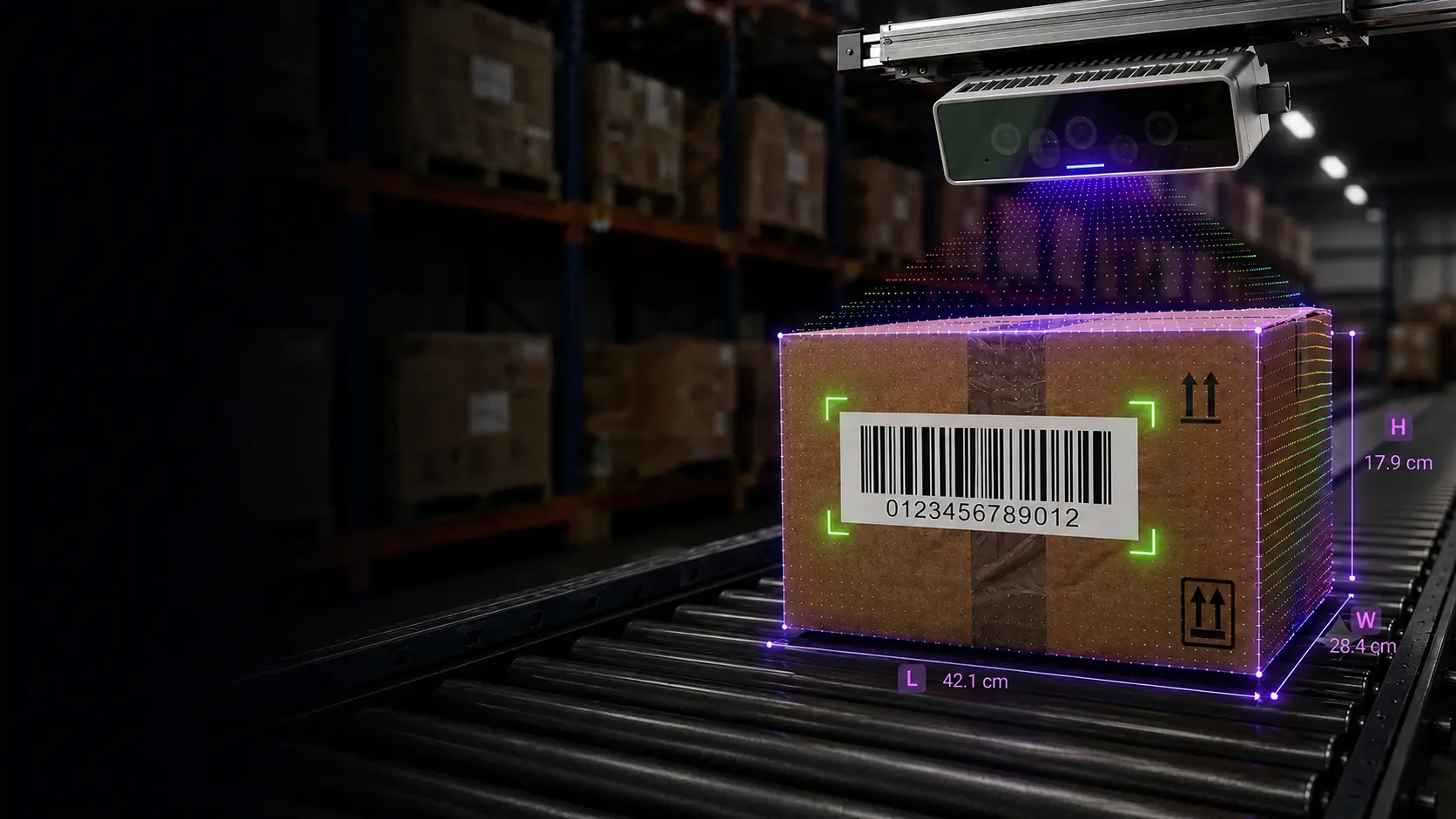 Caméra Luxonis mesurant les dimensions d’un colis sur un convoyeur
