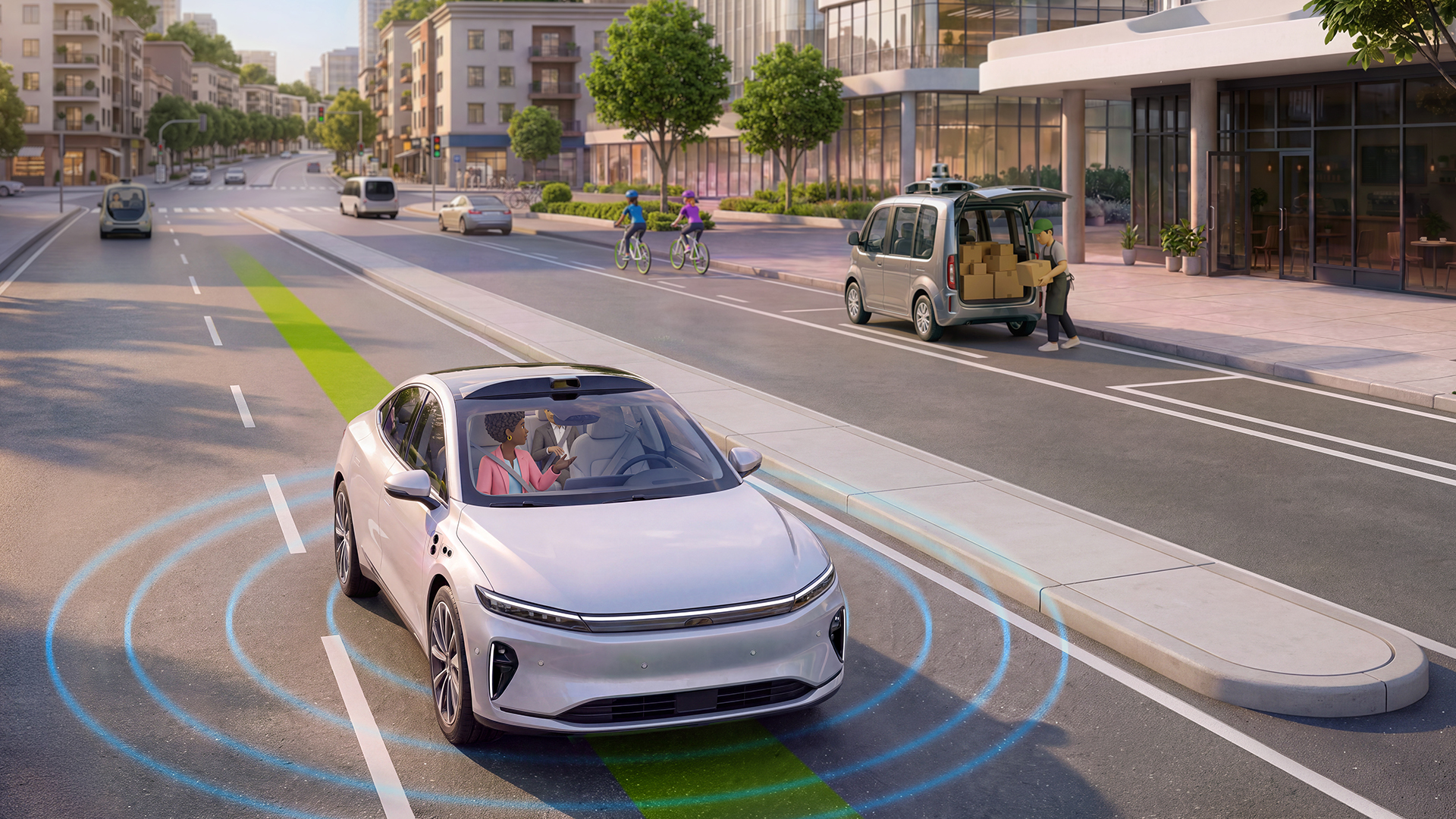 Robotaxis circulant en ville dans le visuel officiel de la plateforme NVIDIA