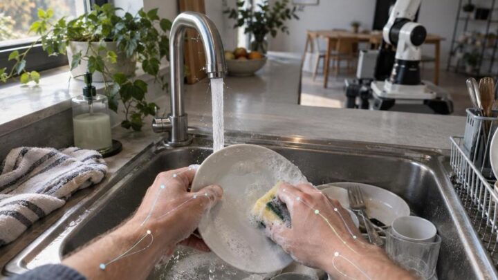 Des mains lavent de la vaisselle pendant la collecte de données destinée à entraîner un robot