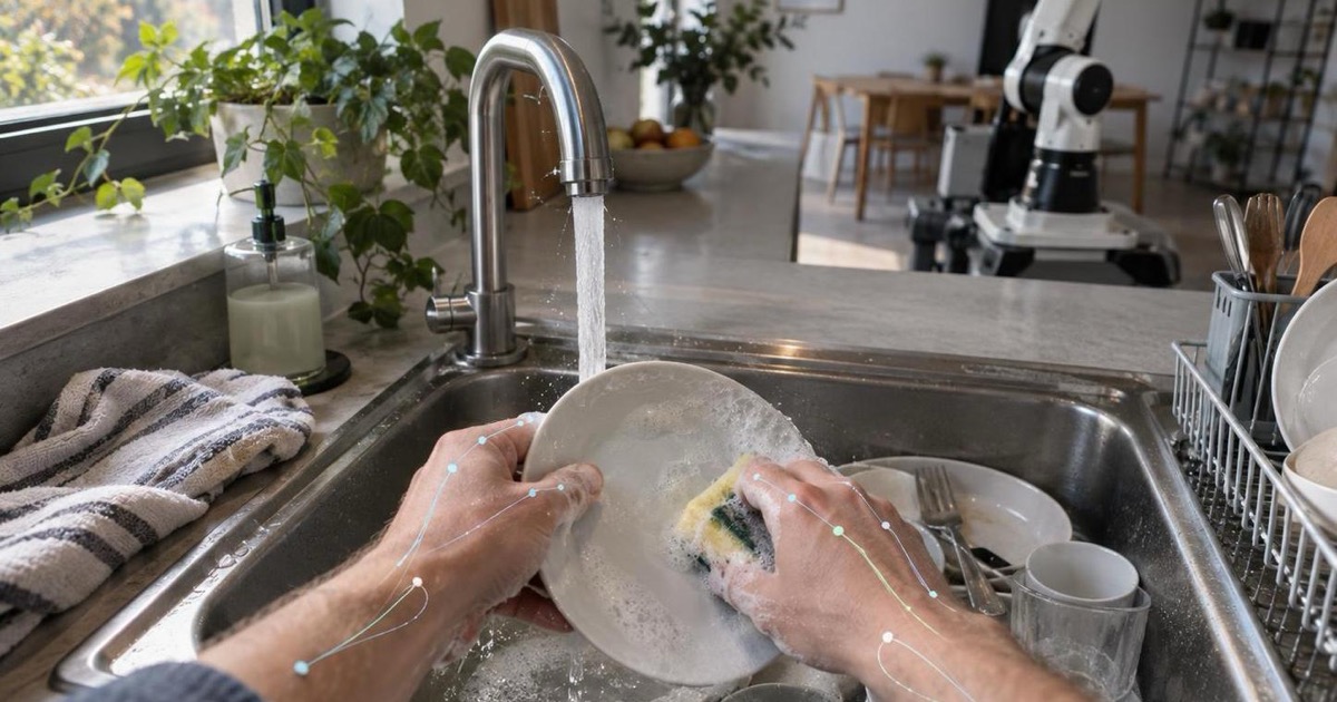 Des mains lavent de la vaisselle pendant la collecte de données destinée à entraîner un robot