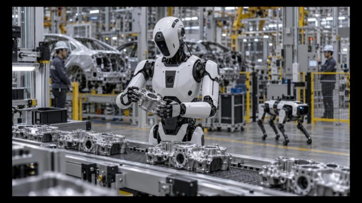 Un robot humanoïde inspecte des composants sur une ligne de production automobile