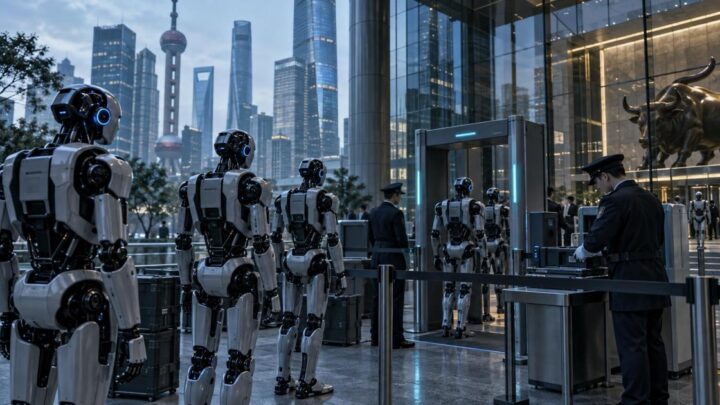 Des robots humanoïdes industriels devant un bâtiment financier en Chine