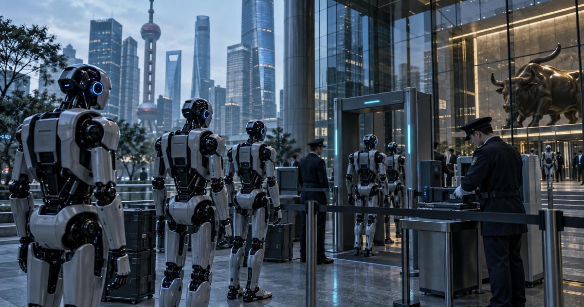 Des robots humanoïdes industriels devant un bâtiment financier en Chine
