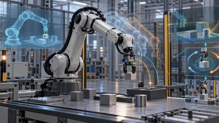 Un bras robotique industriel apprend une nouvelle tâche de manipulation en usine