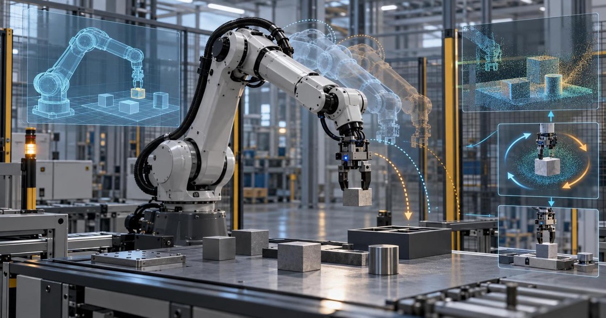 Un bras robotique industriel apprend une nouvelle tâche de manipulation en usine